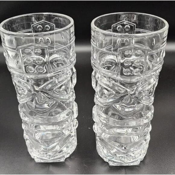 Set Of 2 Clear Tiki Bar Totem Glasses Heavy 12 Oz Hawaiian Design     17 - Picture 1 of 3